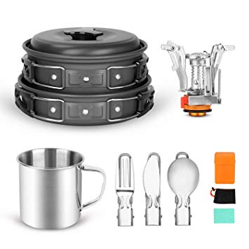 Odoland Camping Cookware Stove Carabiner Canister Stand Tripod and Stainless Steel Cup, Tank Bracket, Fork Knife Spoon Kit for Backpacking, Outdoor Camping Hiking and Picnic