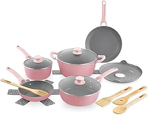 DASH Dream Green Nonstick Ceramic Cookware Set, 15 Piece, Pink - Recycled Aluminum and Ceramic, Nonstick Cookware Set, Oven Safe and Compatible with All Cooktops