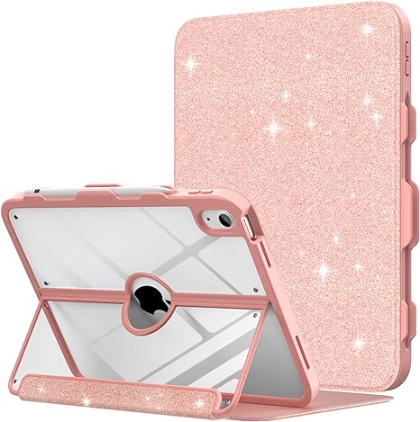 MoKo Case for iPad 10th Generation with Pencil Holder, iPad Case 10th Generation 2022 10.9 inch, Built-in Screen Protector Clear Back, Multi Angle Viewing Stand, Auto Wake/Sleep, Glitter Pink