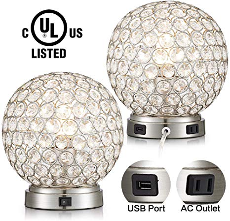 Crystal Ball Table Lamp Set of 2 with USB Charging Port,Decorative Nightstand Room Lamps, Bedside Night Light Lamp, Fashionable Small Table Lamp for Bedroom, Living Room,Office,Dresser,Dining Room