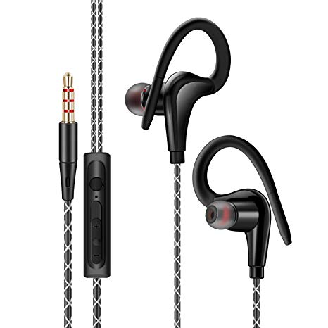 EEEKit Sport Running Earphone, in-Ear Wired Headphone, Earbuds Over Ear Hook 3.5mm Jack, Cell Phone Ear Buds Headset Waterproof (Black)