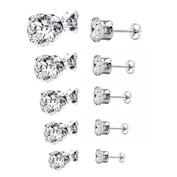 Jinique 925 Sterling Silver, 3, 4, 5, 6, 7mm Round White Stud Earrings (Set of 5)