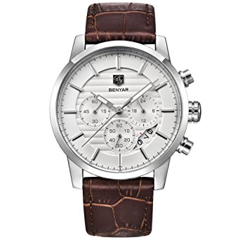 BENYAR Quartz Chronograph Waterproof Watches Business and Sport Design Leather Band Strap Wrist Watch