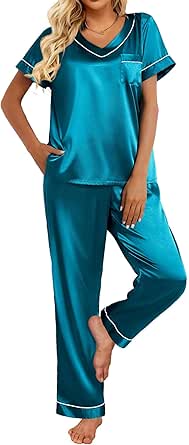 Ekouaer Satin Pajamas for Women Short Sleeve Silk Pajama Sets Soft Sleepwear Top with Causal Long Pj Pant