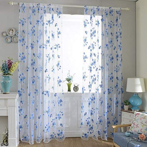 Norbi Fresh Floral Print Tulle Voile Door Window ROM Curtain Drape Panel Sheer Scarf Valances (Blue)