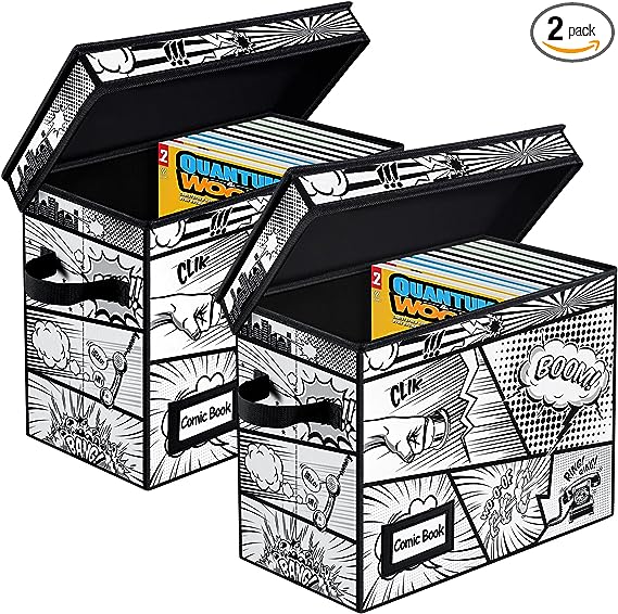 REDSHELL Comic Book Storage Boxes, 15.35" X 7.8" X 12.2" Collapsible Comic Book Case with Handles, Stackable Comic Book Bin with Pattern Comic Short Box Storage to Holds 150-180 Comics, 2 Pack