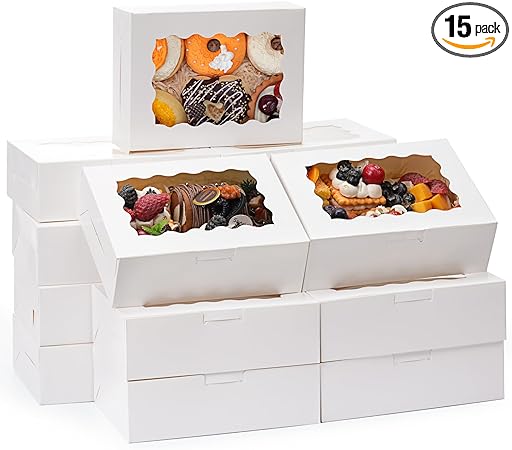 Moretoes 15pcs 8x6x2.5in Cookie Boxes White Bakery Boxes with Window Treat Boxes for Pastry, Dessert, Chocolate Covered Strawberry and Candy Gift Giving