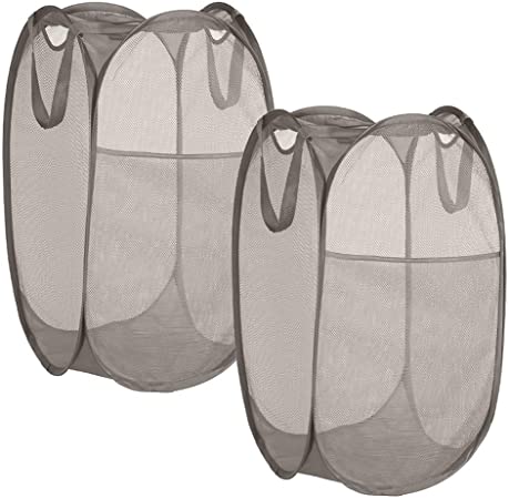 2 Pack Sturdy Mesh Pop up Laundry Hamper Basket with Side Pocket for Laundry Room, Bathroom, Kids Room, College Dorm or Travel Grey