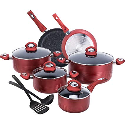 CO-Z 12-PCS Red Cookware Set Teflon-Coated Nonstick Pots and Pans Set, Induction Compatible, with Bakelite Handle, FDA Certificated, PFOA –Free, Dishwasher-Safe