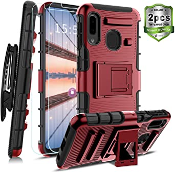CaseTank for Samsung Galaxy A10E Case, Galaxy A20E Case W/ 2 Packs [Tempered Glass Screen Protector] Built-in Kickstand Swivel Combo Holster Belt Clip Heavy Duty Shockproof Armor, PC-Red