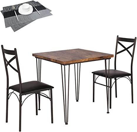 VECELO Dining Set Industrial Style 3 Pieces Kitchen Wood Table 2 Chairs with Metal Legs，Retro Brown and Black