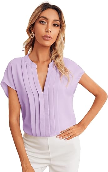 Milumia Women's Casual Notched V Neck Fold Pleated Short Sleeve Work Office Blouse Top