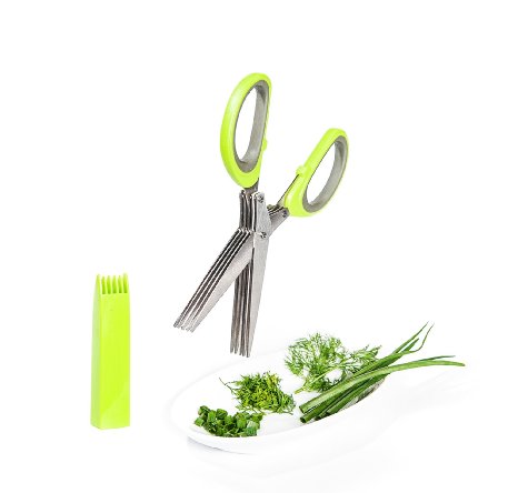 Vegetable's Chef - Culinary Herb Scissors - 5 Blades Stainless Steel Shears with Cover and Cleaning Comb