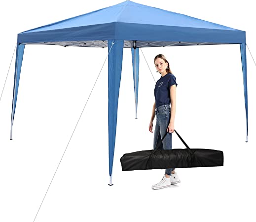 10 x 10 FT Pop Up Canopy Tent, Foldable & Adjustable Height, Stable Steel Frame Easy Set-up Outdoor Tent, Portable Carrying Bag, for Parties, Picnics & Camping, Blue