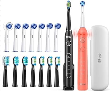 Bitvae Ultrasonic & Rotating Electric Toothbrushes Bundle for Adults and Kids - ADA Accepted Sonic Rechargeable Toothbrushes with 8 Brush Heads, Black & Living Coral