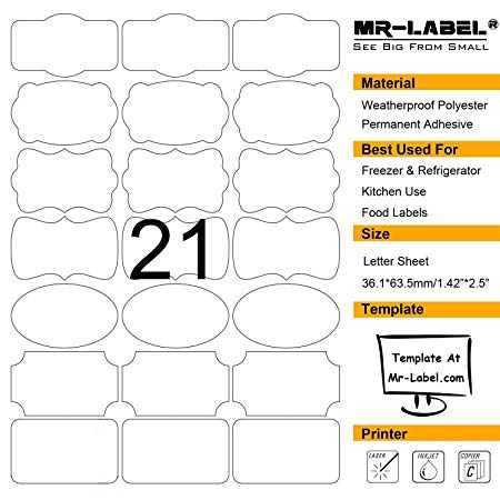 Mr-Label 7 Types of Fancy Shape White Waterproof Adhesive Labels on Letter Sheet - Tear-Resistant Bottle Stickers for Kitchen Use - Inkjet & Laser Printer Support (10 Sheets/Totally 210 Labels)