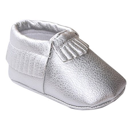 Happy Cherry Infant Baby Toddler Newborn Leather Soft Sole Tassel Pre-Walkers Shoes Moccasins Slip-on Crib Shoes Silver Size 12