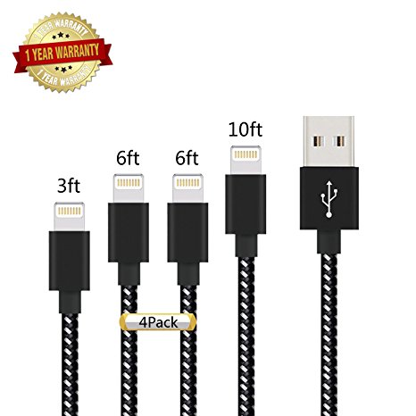 Ulimag Lightning Cable 4Pack 3FT 6FT 6FT 10FT Nylon Braided iPhone Cable - USB Cord Charging Charger for Apple iPhone 7, 7 Plus, 6, 6s, 6 , 5, 5c, 5s, SE, iPad, iPod - Black White