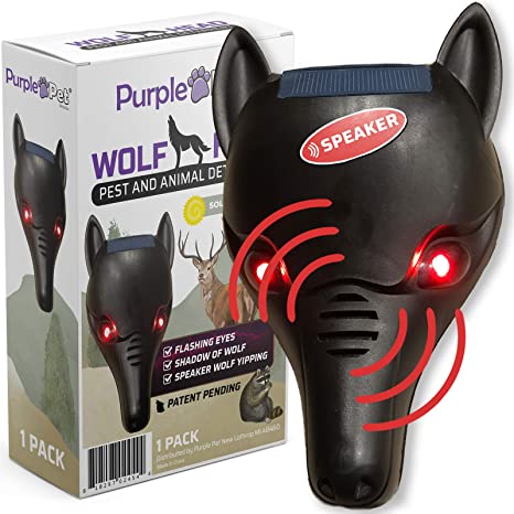 iPrimio Wolf Head with Flashing Eyes, Deer Away, Not a Spray, On/Off Speaker, Back Light to Create Silhouette - Scares Deer (1 Wolf Pack Lighted & Speaker)