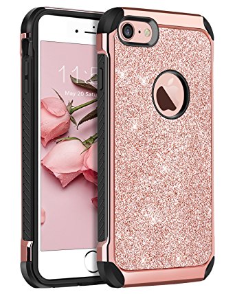 iPhone 8 Case, iPhone 7 Case, BENTOBEN Luxury Sparkly Bling Glitter 2 in 1 Slim Hybrid Hard PC Back Cover Laminated with Shiny Leather Cover TPU Bumper Shockproof Anti-Scratch Protective Phone Cases for Apple iPhone 8/iPhone 7( 4.7"), Rose Gold