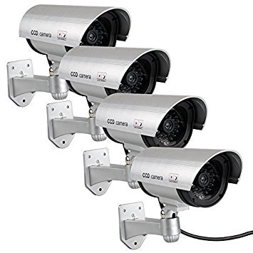 SoldCrazy DUMCAMERA4SV Outdoor/Indoor Waterproof Fake Simulated Security Camera Simulation, Monitor Blinking Light CCTV Surveillance, Silver, 4 Piece