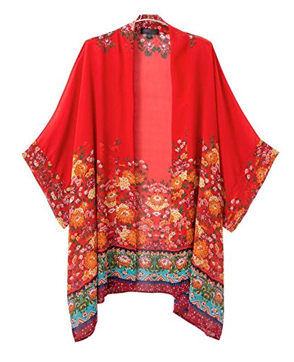 Olrain Women's Floral Print Sheer Chiffon Loose Kimono Cardigan Capes