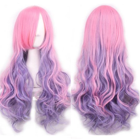 LT 275 Womens Full Wig Long Curly Hair Heat Resistant Wigs Harajuku Style Hair Wigs Costume Wigs for CosplayParty Light purple  Pink BU036E