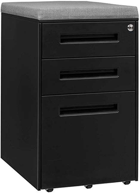 STOCKPILE Seated 3-Drawer Mobile File Cabinet with Removable Magnetic Cushion Seat, Commercial-Grade, Pre-Assembled (Black with Grey Cushion)