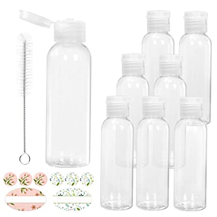 Eathtek 8 Pcs 2oz 60ML Clear Plastic Empty Bottles with Flip Cap, BPA-free Refillable Travel Size Toiletry Cosmetic Bottles for Shampoo Lotion, Toner & Conditioner with Free 1 Brush and 12 Labels