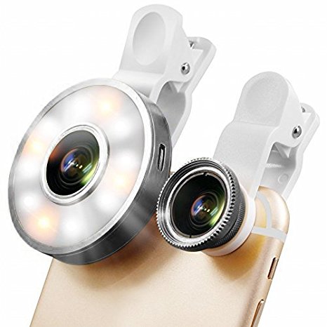 Universal Clip on Selfie Ring Light With FIsheye Lens, Portable Mini Rechargeable Selfie Flashlight With 0.65X Macro Lens 185 Fish-eye Lens For iphone, Sansung and Most of Smartphone,Black