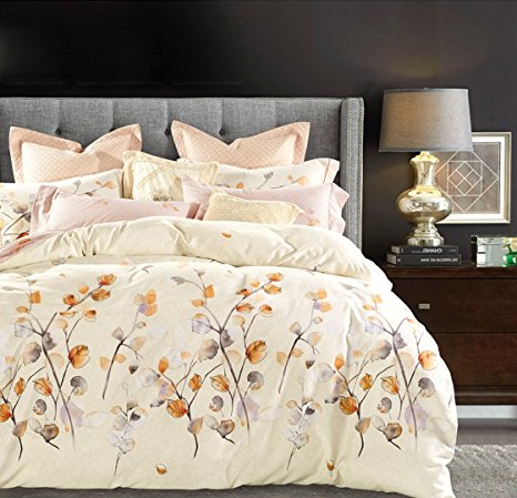 Autumn Leaf Watercolor Print Brushed Cotton Duvet Cover Modern Tree Branches Pattern Soft and Warm Bedding Set Cream Copper Rust Burgundy Mauve Fall Colors Leaves (Queen, Cream)
