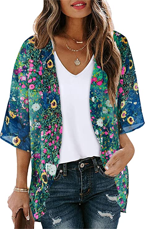 Women's Floral Print Puff Sleeve Kimono Cardigan Loose Cover Up Casual Blouse Tops