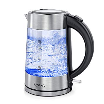 VAVA Electric Kettle, 1.7L Glass Tea Kettle, Fast Boiling and Cordless Water Kettle with LED Indicator Light, 100% Stainless Steel Inner Lid & Bottom, Boil-Dry Protection(BPA-Free, ETL/FDA Approved)