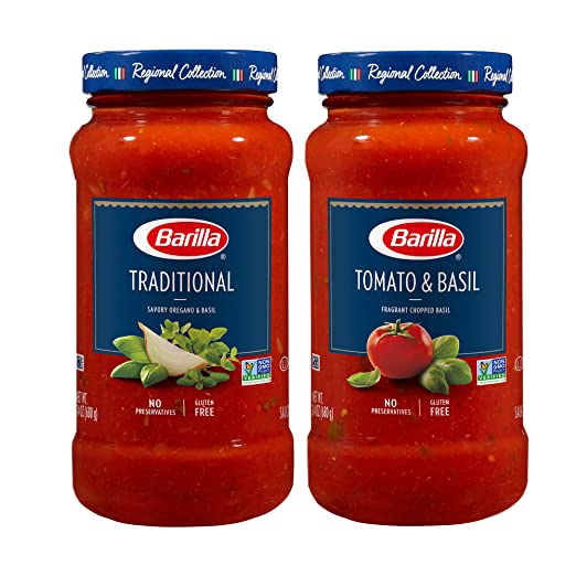 BARILLA Premium Pasta Sauce Variety Pack Tomato & Basil and Traditional Tomato, 24 Ounce Jar (Pack of 4) - No Added Sugar, Artificial Colors, Flavors, or Preservatives - Non-GMO, Gluten Free, Kosher