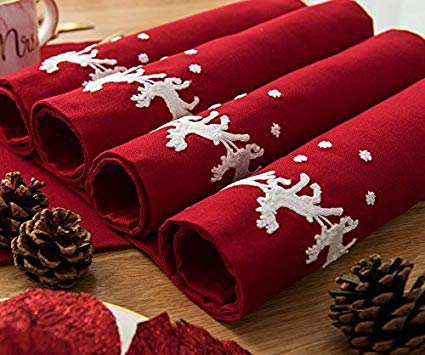 Cassiel Home Merry Christmas Place Mats Set of 4 Embroidery Christmas Placemats 13x19 for Table Red Reindeer and Snow in Winter for Kitchen Dining Party