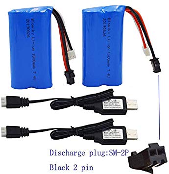 Blomiky 2 Pack H101 7.4V 1500mAh Battery and USB Charger Cable for T2 H105 H103 H101 Remote Control RC Boat H101 Battery and USB 2