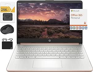 HP Newest 14" HD Ultra Light Thin Laptop, Quad-Core Intel Celeron Processor, 16GB RAM, 320GB (64GB eMMC  256GB Card), Wi-Fi, Upto 11 Hours, Windows 11 S   1 Year Office 365 HubxcelAccessory, Rose Gold