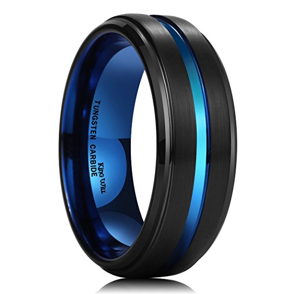 King Will Mens 8mm Black Brushed Finish Tungsten Carbide Ring Blue Thin Beveled Stepped Edge Wedding Band