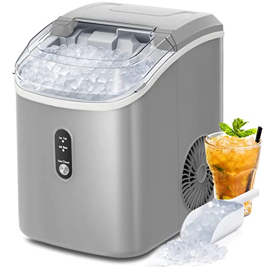 AGLUCKY Nugget Ice Maker Countertop, Portable Ice Maker Machine with Self-Cleaning Function,33lbs/24H,One-Click Operation,Pellet Ice Maker for Home/Kitchen/Office(Grey)
