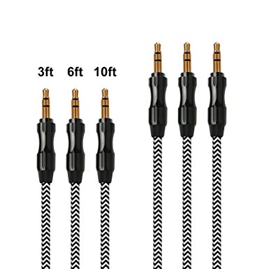3.5mm Aux Braided audio cable, SCHITEC 3PACK[3ft 6ft 10ft] Gold-Plated Male to Male Stereo Aux Cable with Premium Metal for Apple iPhone, Android Samsung, Tablet and More 3.5mm-enabled Devices (3PACK)