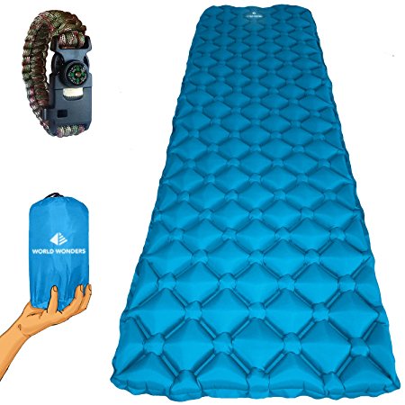 World Wonders Camping Sleeping Pad - Ultralight, Inflatable - Portable for Backpacking, Hiking, and Travel - Universal, Comfortable and Durable - Included with Survival Kit Emergency Paracord Bracelet