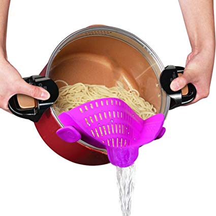 Hoofun Clip-on Silicone Colander, Snap Strainer Colander BPA Free for Spaghetti, Noodles, Pasta, Fruit, Ground Beef- Adjustable Food Grade Filter and Sieve Snaps on Bowls, Pots and Pans (Purple)