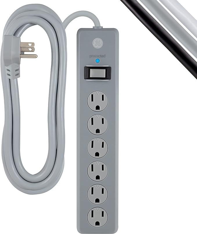 GE 6-Outlet Surge Protector, 15 Ft Extension Cord, Power Strip, 800 Joules, Flat Plug, Twist-to-Close Safety Covers, UL Listed, Gray, 62457