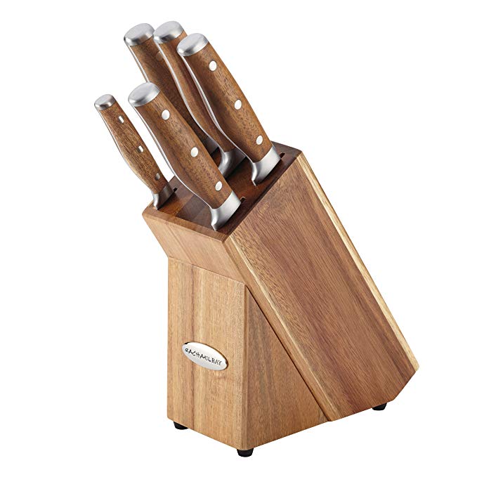 Rachael Ray Cucina 6-Piece Japanese Stainless Steel Knife Block Set with Acacia Handles