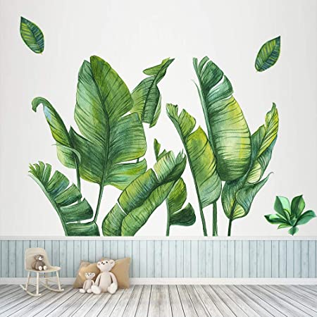 Green Banana Leaf Tropical Plants Leaves Wall Decals Peel and Stick, Removable Giant Tree Leaf Wallpaper Stickers Mural, DIY Wall Art Decor Home Decorations for Bedroom Living Room Nursery,(C)