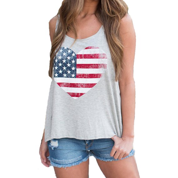 MAKIYO Women's Fashion Love Heart USA American Flag Print Tank Top Shirt