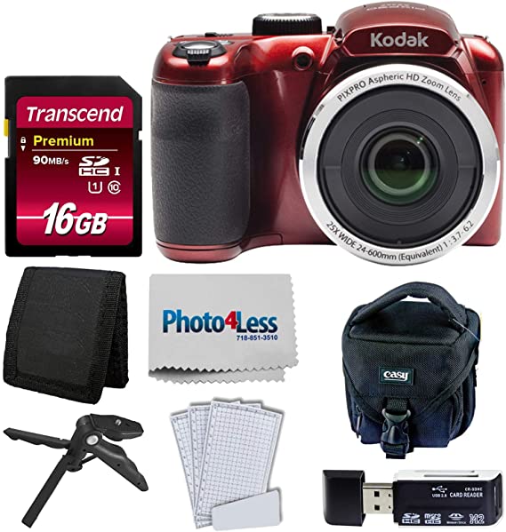 Kodak PIXPRO AZ252 Astro Zoom 16MP Digital Camera (Red)   Point & Shoot Camera Case   Transcend 16GB SDHC Class10 UHS-I Card 400X Memory Card   USB Card Reader   Table Tripod   Accessories