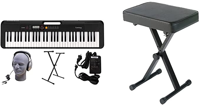 Casio CT-S200BK 61-Key Premium Keyboard Pack with Stand, Headphones & Power Supply, Black (CAS CTS200BK PPK) & YAMAHA PKBB1 Adjustable Padded Keyboard X-Style Bench, Black,19.5 Inches