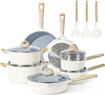 CAROTE 16pcs Ceramic Pots and Pans Set, Nonstick Kitchen Cookware Sets, Granite Pots Set, Kitchen Induction Pots and Pans Cooking Sets, Cream White