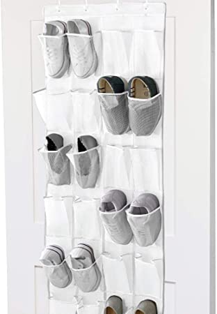 Gorilla Grip Premium Over The Door Mesh Pocket Shoe Organizer, 24 Large Breathable Durable Pockets 64x19, Hooks, Stores Shoes, Storage Organizers Hang on Closet Door, Organize Sneakers Slippers, White